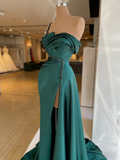 Emerald Green Beading Satin One Shoulder Mermaid Prom Dress
