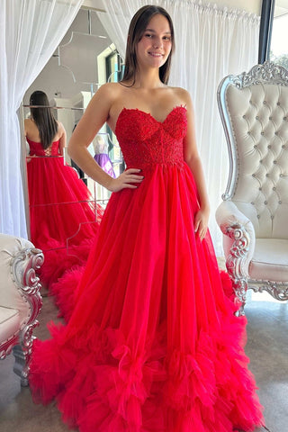 Sweetheart Red A Line  Appliques Tulle Prom Dress