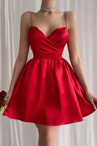 Satin Short Simple V Neck Red Homecoming Dress