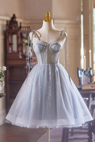 Gray Tulle Knee Length Spaghetti Strap Homecoming Dress