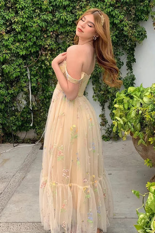 Off The Shoulder Yellow Floral Tulle Prom Dress