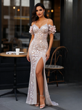 Flower Trumpet Mermaid Champagne Sequin Backless Prom Dress