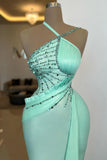 Beaded Embellishments Halter Satin Mint Green Prom Dress