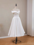 Off Shoulder Tea Length Satin White Wedding Dress