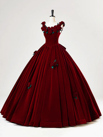 Flower Burgundy A-Line Velvet Long Prom Dress