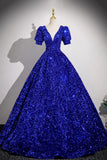 Sequin V Neck Puffy Sleeve Royal Blue Prom Dress