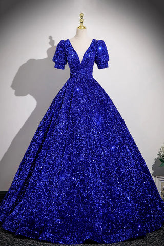 Sequin V Neck Puffy Sleeve Royal Blue Prom Dress