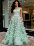One Shoulder Green Feather A Line Sparkle Prom Dress
