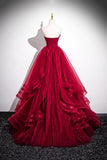 Strapless Layer Tulle Layer Flower Burgundy Prom Dress
