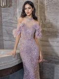 Sequin Trumpet Mermaid Halter Purple Prom Dress