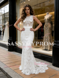 Jewel Trumpet Mermaid Lace Sweep Train Wedding Dress