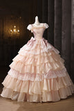 Pink Ball Gown Ruffles Lace Vintage Flower Prom Dress