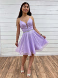 Purple Tulle  V Neck Backless Homecoming Dress With Belt
