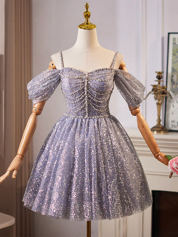 Shiny Tulle Sequins Knee Length Homecoming Dress