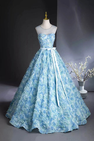 Rose Flower A Line Scoop Print Blue Beading Prom Dress