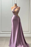 Lavender Satin Beaded Lace One Shoulder Mermaid Prom Dress