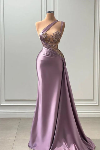 Lavender Satin Beaded Lace One Shoulder Mermaid Prom Dress