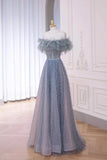 Off The Shoulder Blue A Line Sparkle Prom Dress