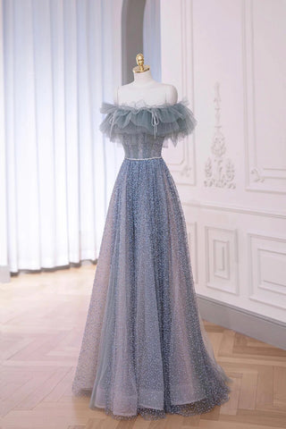Off The Shoulder Blue A Line Sparkle Prom Dress