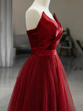 V Neck Satin Tulle A Line Burgundy Prom Dress