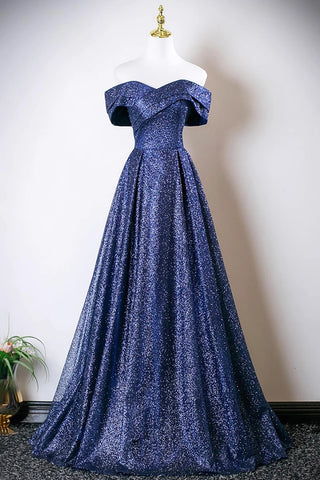Sequin A Line Off The Shoulder Navy Blue Prom Dress