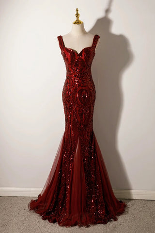 Mermaid Sequins Backless Burgundy Prom Dress
