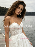 Tulle A Line Appliques Spaghetti Straps Wedding Dress With Slit