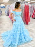Tulle Sky Blue Off The Shoulder Ruffles Prom Dress