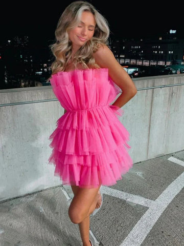 Tulle Ruched Strapless Pink Homecoming Dress
