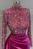 Long Sleeve Beaded Satin Mermaid Prom Dress with High Slit