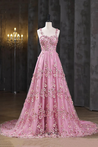 A-Line Spaghetti Straps Pink Applique Tulle Prom Dress