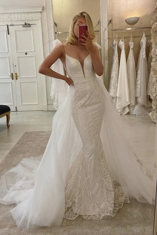 Mermaid Sequin Detachable Train Spaghetti Straps Sparkle Wedding Dress