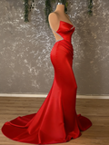 Crystal Draped One Shoulder Red Satin Mermaid Prom Dress