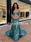 Trumpet Mermaid Sequin Green V Neck Floral Prom Dress