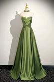 Satin Ruched A Line Green Lace Up Shawl Pom Dress