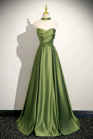 Satin Ruched A Line Green Lace Up Shawl Pom Dress