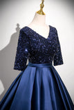 Satin Sequins Half Sleeves Long Navy Prom Dress