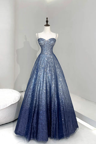 A-Line Spaghetti Strap Blue Tulle Sequins Prom Dress
