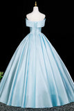 A-Line Backless Satin Button Blue Prom Dress