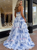 Sweetheart A Line Ruffles Blue Print Tulle Prom Dress