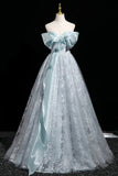 Flower Lace A Line Blue Off the Shoulder Prom Dress