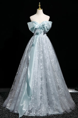 Flower Lace A Line Blue Off the Shoulder Prom Dress