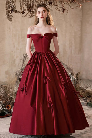 Burgundy Satin Long A Line Bow Prom Dress