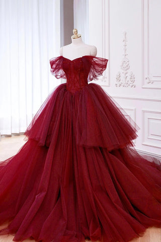 Tulle Beads A Line Off The Shoulder Burgundy Prom Dress