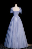 Puffy Sleeves A Line Sweetheart Tulle Blue Prom Dress