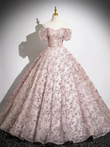 Pink Tulle Sequins Off The Shoulder Prom Dress
