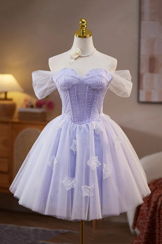 Lilac Lace Off the Shoulder Short Prom Dress, A-Line Birthday Party Dress US 8 / Lilac Lilac Lace Off the Shoulder Short Prom Dress, A-Line Birthday Party Dress US 8 / Lilac