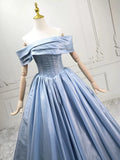 Off Shoulder Satin Blue A Line Elegant Prom Dres