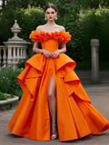 Off The Shoulder Ruffles Satin Orange Prom Dress With Slit