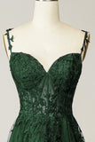 Green Tulle Lace Appluques Spaghetti Straps Prom Dress